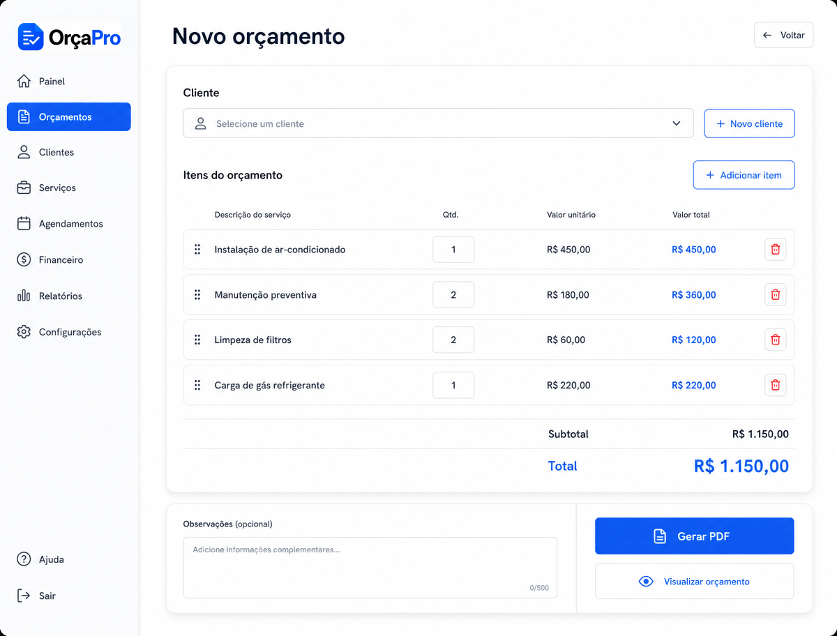 Tela de criação de orçamento do OrçaPro