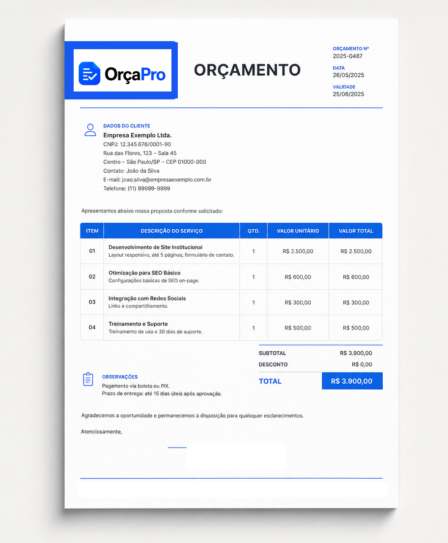 PDF de orçamento gerado pelo OrçaPro